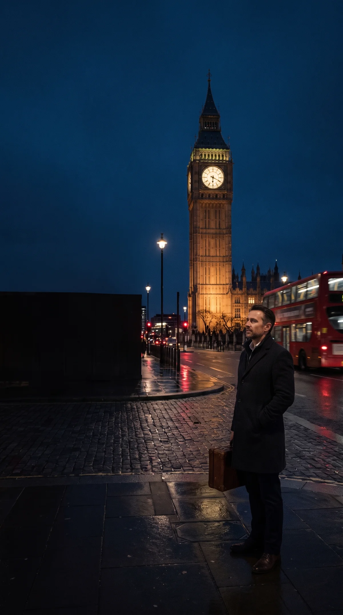 Westminster Köprüsü'nde Londra'ya doğru yürüyen ziyaretçi ve kırmızı otobüs