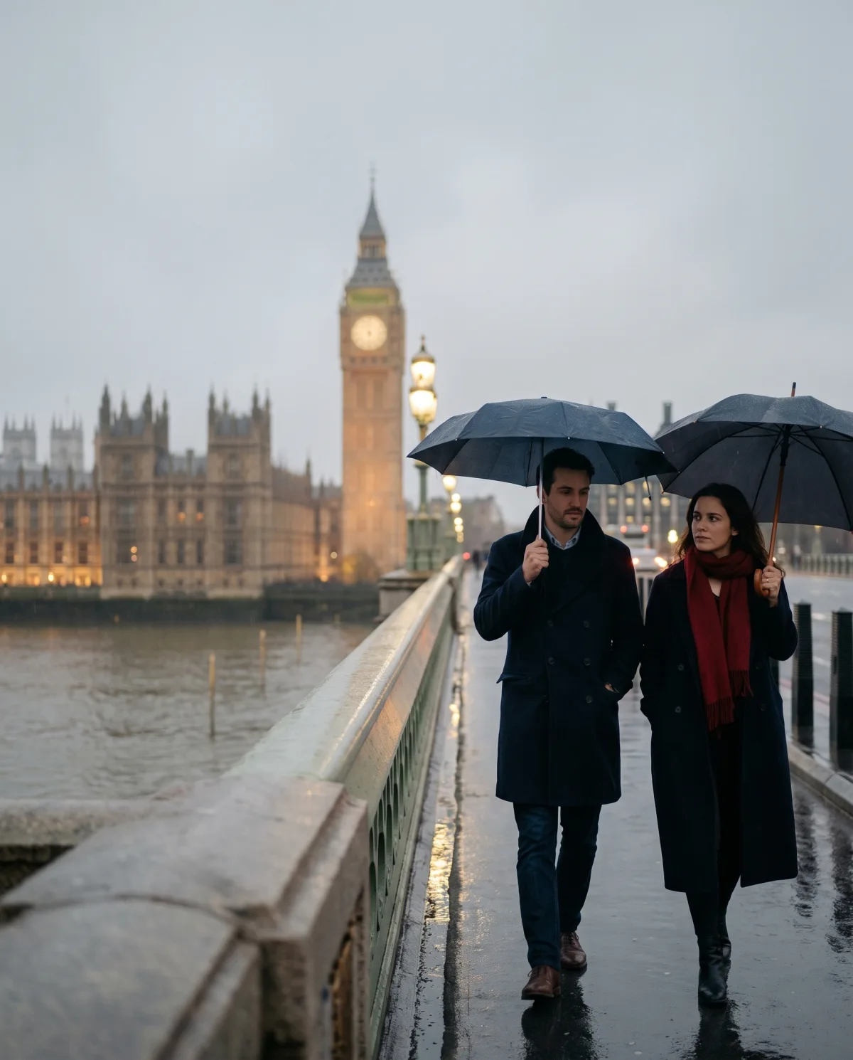 Yağmurlu bir Londra gününde Westminster Köprüsü'nde yürüyen çift